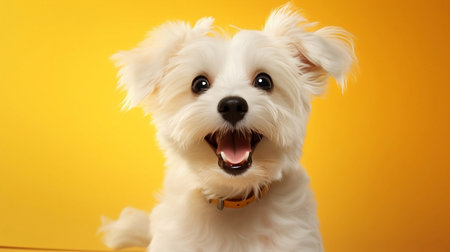 Happy white puppy dog smiling on isolated yellow bright background.の素材