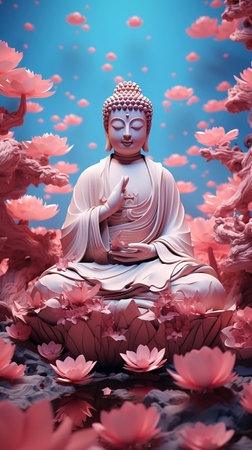 Buddha statue with lotus flower background,の素材