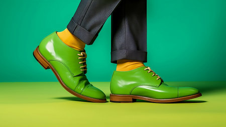 Man legs in green shoes and yellow socks on a green background.の素材