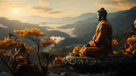 Statue of meditating Buddha among blooming trees with mountains background. Find inner peace and harmony with spiritual practices. Zen lifestyleの素材