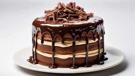 Chocolate cake with cream and chocolate shavings on white backgroundの素材