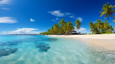 tropical beach in Maldives with few palm trees and blue lagoonの素材