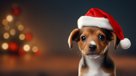 christmas, holidays and people concept - close up of puppy in santa helper hat over christmas tree backgroundの素材
