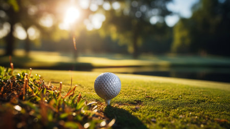 Close-up golf ball on tee with blur green bokeh background.の素材