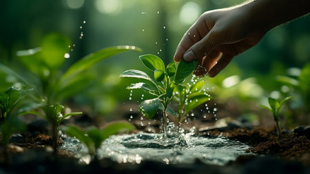Gardener plant trees or seedlings on blurred green background with puring some water. forest conservation concept.の素材