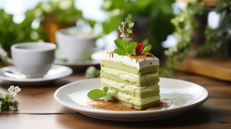 Piece of delicious tiramisu cake on plate, closeupの素材