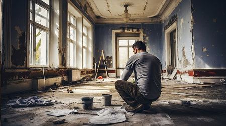 A man is sitting on the floor in an old abandoned building.の素材