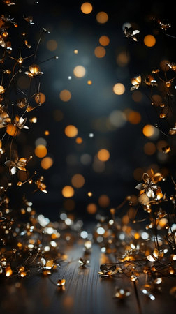 Golden garland on a dark background. Festive Christmas background.の素材