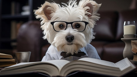 White yorkshire terrier cute dog in eyeglasses sits with a book in a chair. cute petの素材