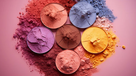 delightful pink backdrop, discover an array of colorful eyeshadows. Embrace individuality as you experiment with endless makeup combinations. AI generativeの素材