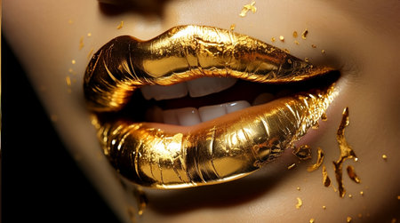 Metal Golden lips closeup. beautiful makeup. Cropped photo of lips, side viewの素材