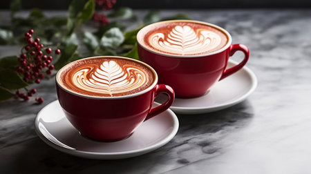 Two red cappuccino mugs on a marble table, a perfect blend of elegance and indulgence.の素材