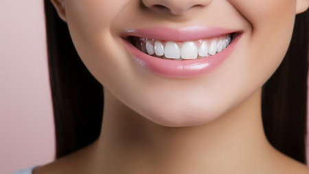 Closeup cropped photo of young woman with prefect white teeth on white background. Generative AIの素材