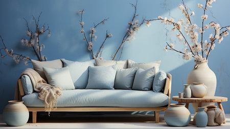 Serene Comfort. A blue pastel sofa takes center stage, exuding tranquility and style in this inviting interior.の素材