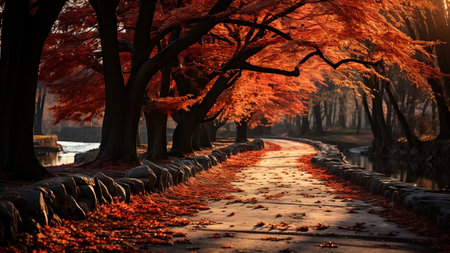 Ground covered with fallen leaves in autumn park at sunset. Town garden with red trees at fall seasonの素材