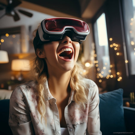 Cheerful young woman wearing virtual reality glasses while sitting at homeの素材
