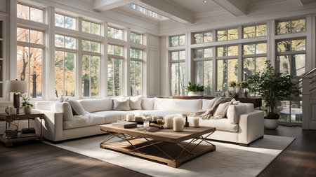 Modern living room interior design with white sofa and coffee table 3D renderingの素材