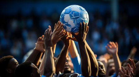 Soccer or football fans cheering for their favorite team with raised hands at the stadiumの素材