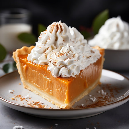 Piece of pumpkin pie with whipped cream on a white plate.の素材