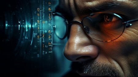 Mature Male face with eyeglasses with matrix digital numbers.の素材