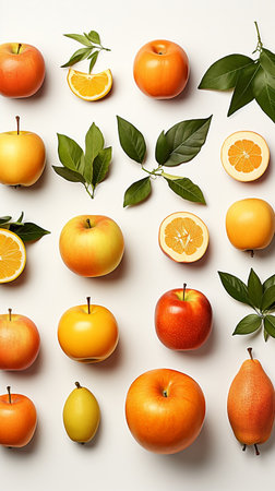 Fruit pattern with apples, pears and oranges on white background.の素材