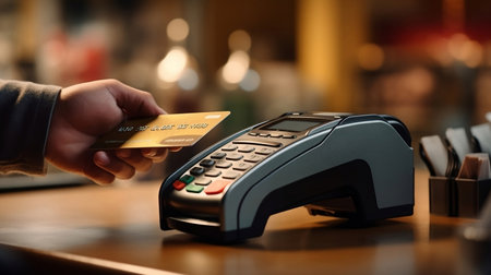 Close-up of male hand holding credit card and using POS terminalの素材