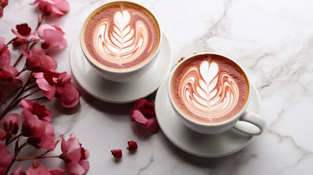 Two cups of cappuccino with latte art on marble backgroundの素材