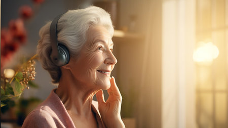 old woman in headphones listening to musicの素材