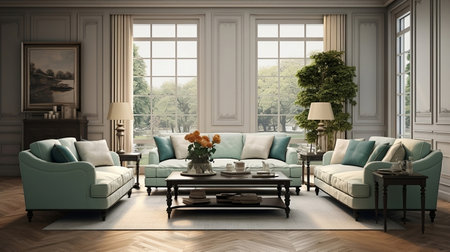 Classic living room interior with blue sofa and coffee table.の素材