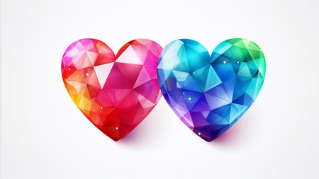 Blue and pink hearts together on white surface. Holiday background with copy space for Valentines Day. love concept. minimal style.の素材