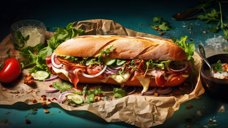 Sandwich of whole wheat bun bread with roast beef, cucumber, onion and green salad on blue background.の素材