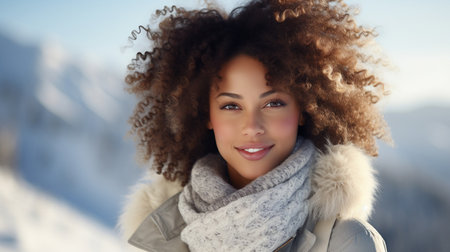 Portrait of beautiful young woman with afro hairstyle in winterの素材