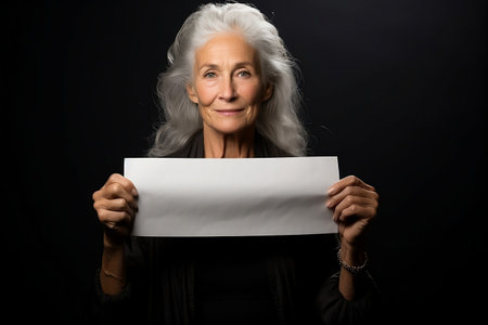 Portrait of a senior woman holding a blank sheet of paper on a black backgroundの素材
