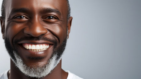 Head shot portrait of cheerful mature afro man with grey beard laughing having snow white smile. Ad teeth whitening procedureの素材