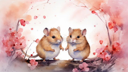 Two cute hamsters in pink background. Watercolor handmade illustration for congratulations with love. Valentine's day concept.の素材