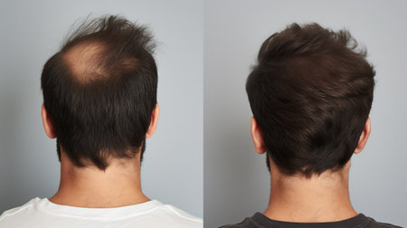 Hair Care Concept. transplantation hair of men view from the back. Comparison of hair before and after transplantationの素材