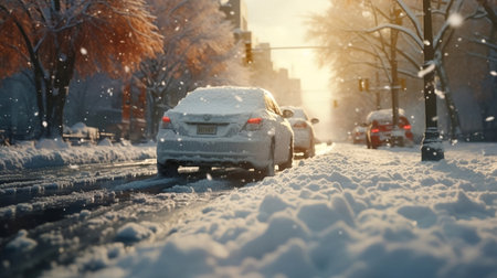 Snowfall in the city. Car on the road in winter.の素材
