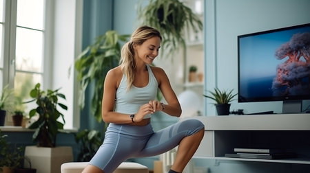Side view of beautiful young woman in sportswear doing stretching exercise at home. She is looking at her wristwatch and smilingの素材