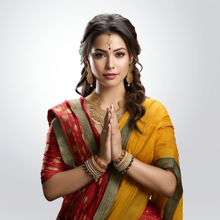 Beautiful Indian woman in sari with hands clasped togetherの素材