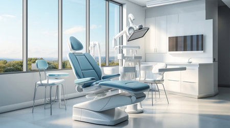 modern dental office interior with blue chair and equipmentの素材