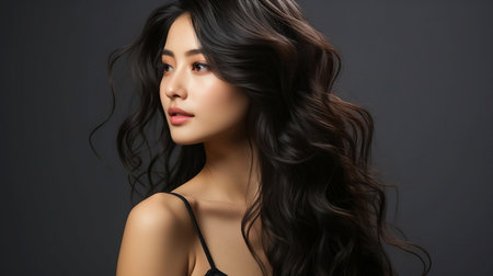 Beautiful young Asian woman with long curly hairstyle on dark background. beauty and spaの素材