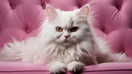 Big white Maine Coon cat lies cross-legged on pink sofa.の素材