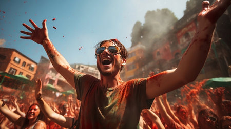 Handsome young man having fun at holi festival in Indiaの素材