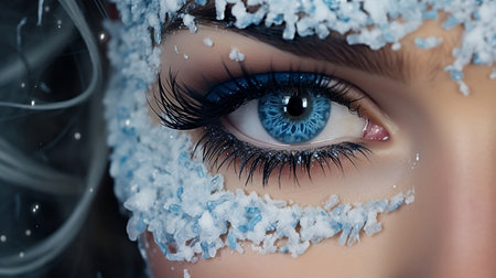 Close up photo of woman's blue eye and winter make-up, snowy around eyelashes and eyebrow.の素材