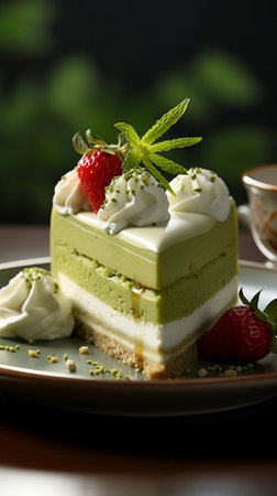 Matcha green tea cheesecake. side closeup view.の素材