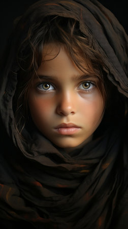 Close-up portrait of a beautiful little girl in a black scarfの素材