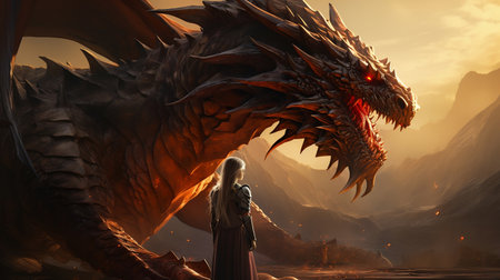 Fantasy scene with a man and dragon.の素材