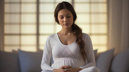 Pregnant woman with closed eyes meditating in living roomの素材