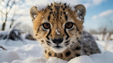 Close-up on a three months old cheetah cubs on the snow.の素材