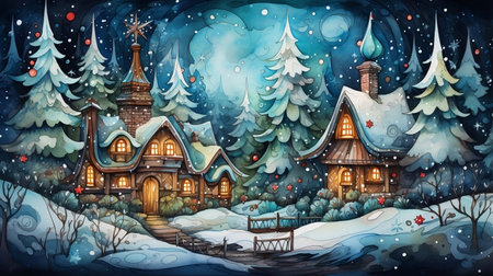 Christmas snowy trees and houses in the forest, watercolor winter poster.の素材